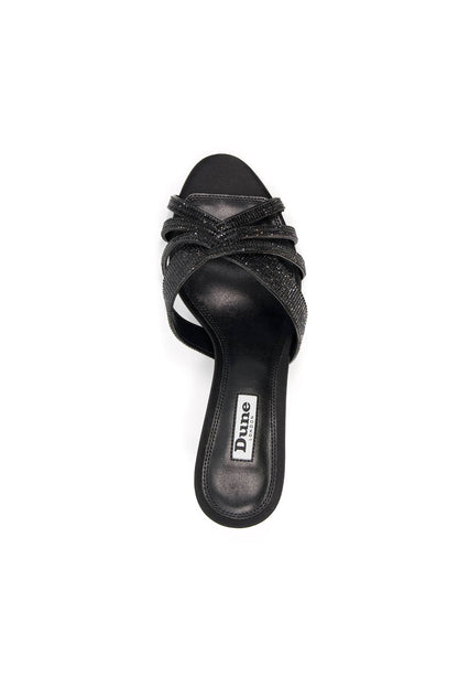 Dune London black mule sandal with wide strap, open toe, and cushioned footbed