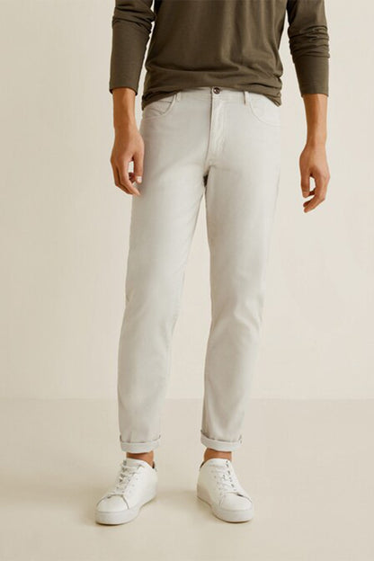 Light grey denim jeans with belt loops and button closure