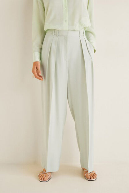 Light green button-front shirt and wide-leg trousers set