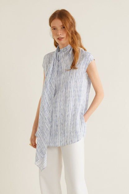 Blue striped sleeveless blouse with high neck and draped side hem