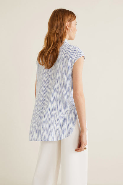 Blue striped sleeveless blouse, high neck, side drape detail