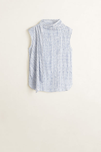 Blue and white striped sleeveless blouse with high stand collar