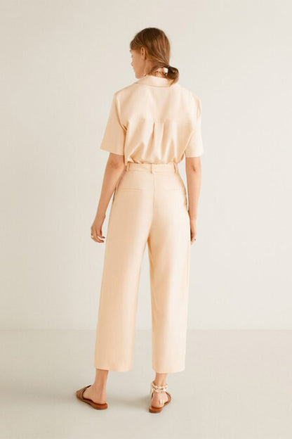 MANGO peach belted jumpsuit, back view with V-neck and tapered wide legs