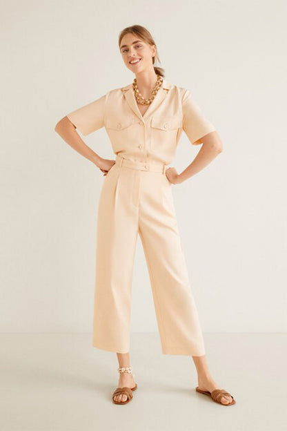 MANGO peach belted jumpsuit with short sleeves, collar, and wide-leg pants