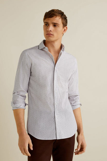 Men's off-white striped button-down shirt, long sleeves, front view
