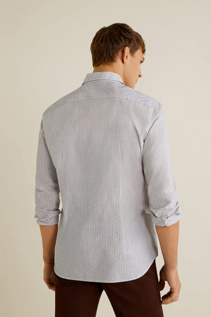 Men's off-white striped button-down shirt, long sleeves, back view