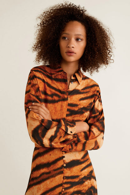Orange tiger-print button-front dress with hood, long sleeves