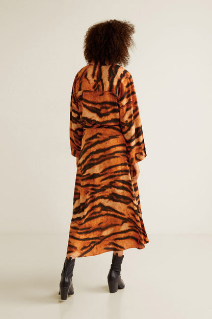 Back view of orange tiger-print hooded button-front long dress
