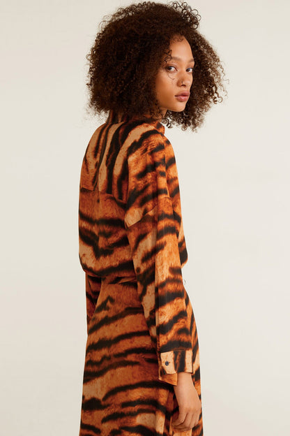 Orange tiger-print hooded button-front long dress, front side detail