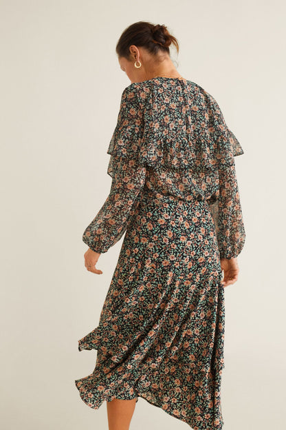 Black floral long-sleeve midi dress, back view with ruffled shoulders and tiered hem