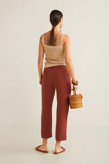 Burnt orange tie-waist tapered trousers, ankle length, front belt tie, relaxed fit