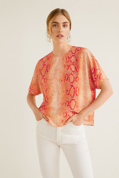 MANGO women's orange snakeskin-pattern short-sleeve blouse, crew neck
