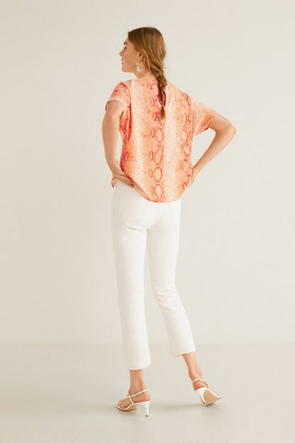 MANGO women's orange snakeskin-pattern short-sleeve blouse, side view