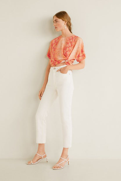 MANGO women's orange snakeskin-pattern cropped blouse with front tie, with white pants