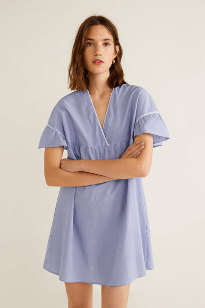 Light blue short-sleeve V-neck dress with gathered waist and scalloped trim