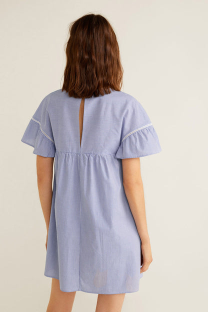 Light blue open-back short-sleeve dress with gathered waist and flutter sleeves