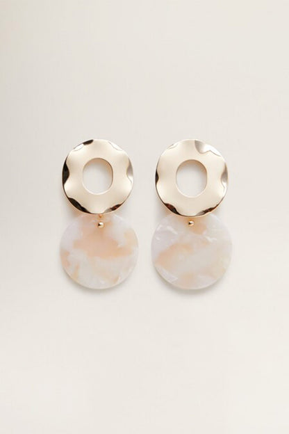 Gold-tone disc and pastel pink resin drop earrings, small pearl-like charm
