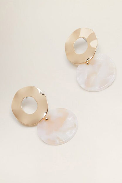 Gold-tone disc and pastel pink resin drop earrings with single dangling charm
