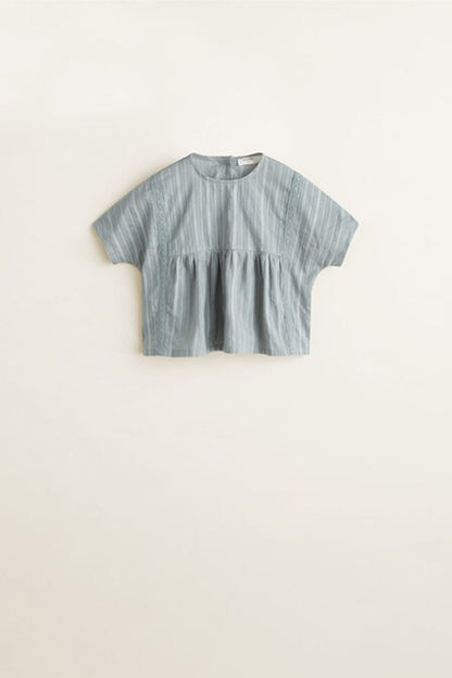 Grey pinstriped short-sleeve blouse with button front and gathered yoke