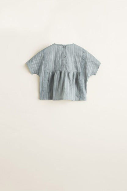 Light grey pinstriped crew-neck blouse with short sleeves and three-button front