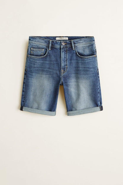 Dark blue denim shorts with button fly, belt loops, and front pockets