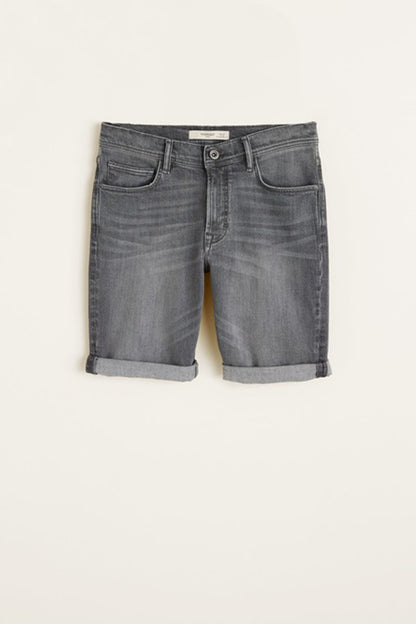 Denim grey shorts with belt loops, button closure, and two front pockets