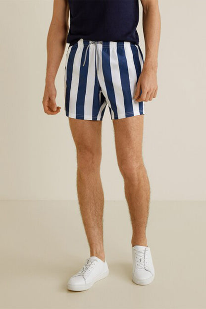 Men's navy and white striped shorts with elastic waistband, above-knee length