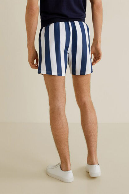 Men's navy and white striped shorts with elastic waistband, straight above-knee hem