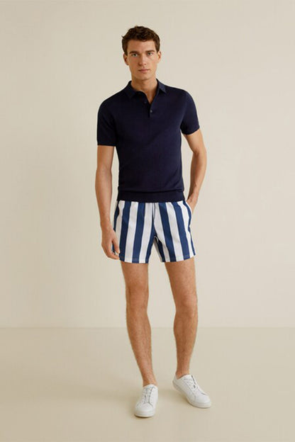 Men's navy and white striped shorts with elastic waistband, above-knee length