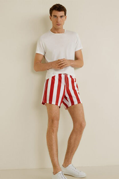 Red and white vertical striped shorts, above-knee cut, front view