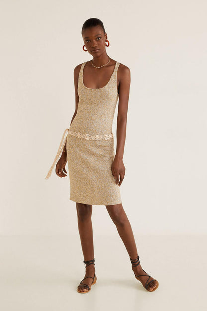 Sand lace-trim slip dress, sleeveless scoop neck and lace hem