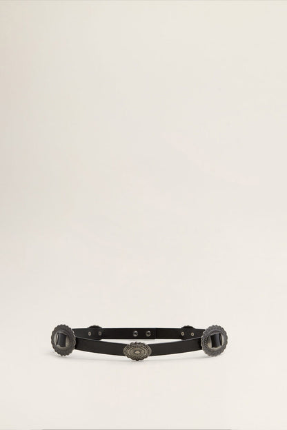 Black leather belt with ornate oval concho buckles and center round medallion