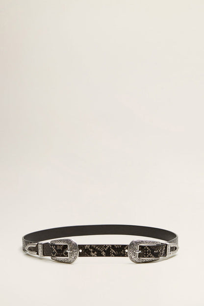 MANGO dark gray leather belt with silver-tone buckle and engraved keeper strap