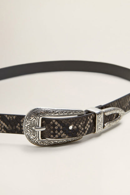 MANGO dark gray belt with silver ornate buckle and engraved edge