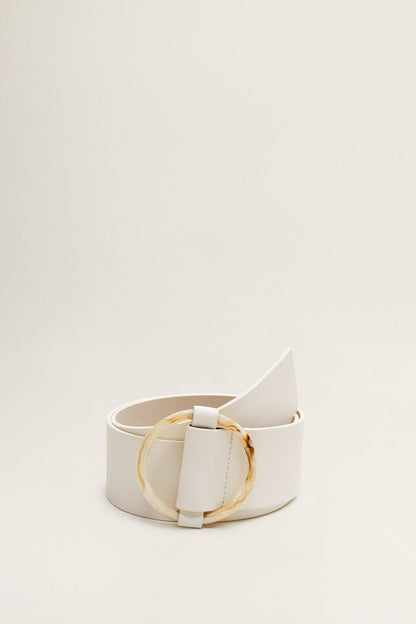 Off-white wide leather belt with marbled round buckle loop