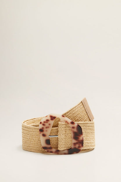 Woven sand belt with tortoiseshell-look buckle and textured fabric strap