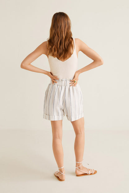 Off-white striped drawstring shorts with scoop-neck cami top, back view