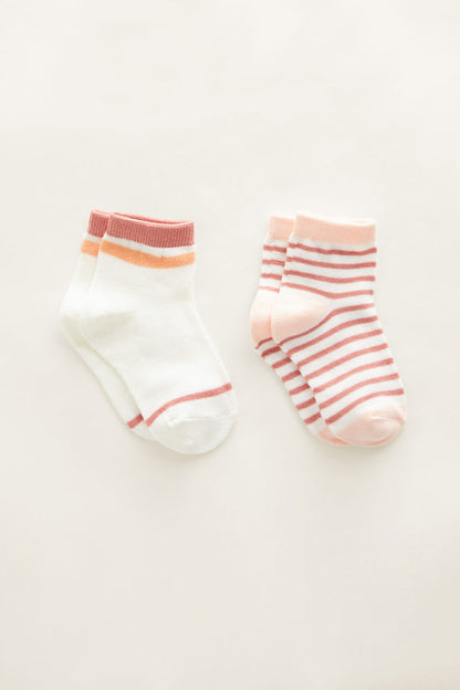 Pair of pink and orange ankle socks with striped and solid cuffs