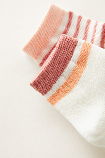 Close-up of pink, orange, and white striped ankle sock cuffs