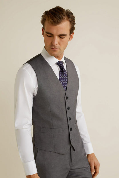 Grey tailored suit vest with button front and welt pocket