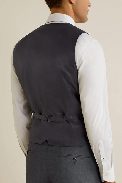 Grey suit vest back view with yoke and adjustable belt strap