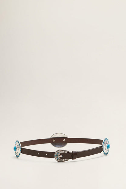 Brown leather belt with turquoise rhinestone trim and ornate oval buckle