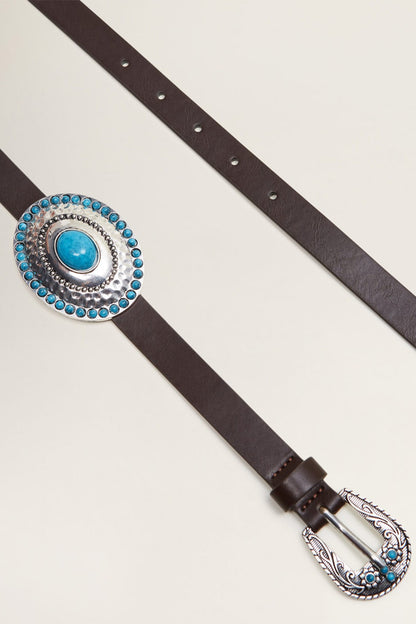Brown belt with oval turquoise buckle detail and silver filigree belt end