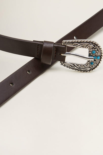 Brown leather belt with engraved silver buckle and turquoise center stone
