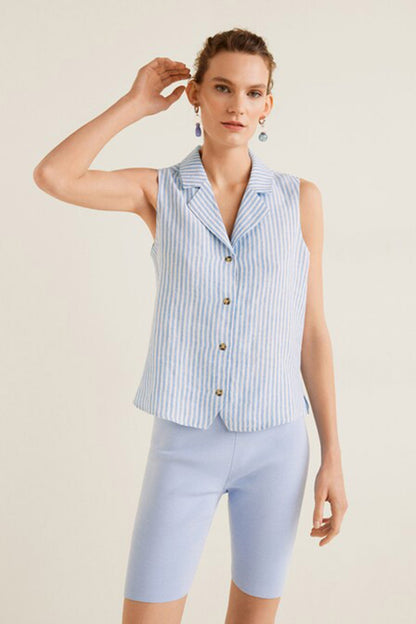 Sky blue striped sleeveless button-up blouse with V-neck collar
