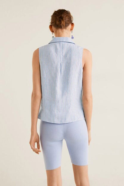 Sky blue striped sleeveless blouse with back yoke and central buttons