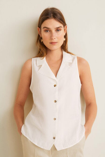 MANGO white sleeveless button-up shirt vest with notch collar and four buttons