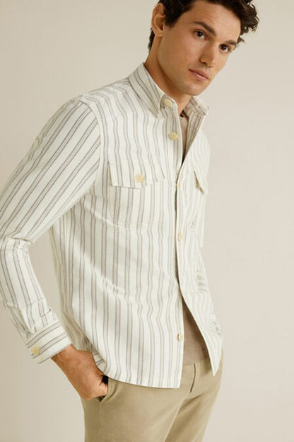 Off-white striped button-up shirt with long sleeves and collar
