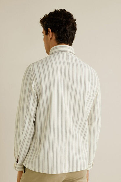 Off-white striped button-up shirt back view, long sleeves
