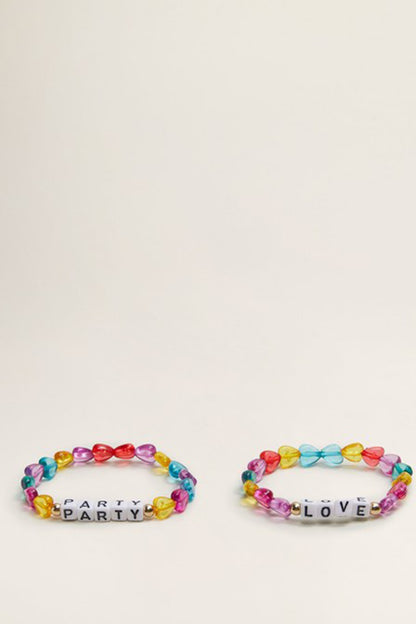 Beaded letter bracelets, one reads PARTY and the other LOVE, multicolor heart beads
